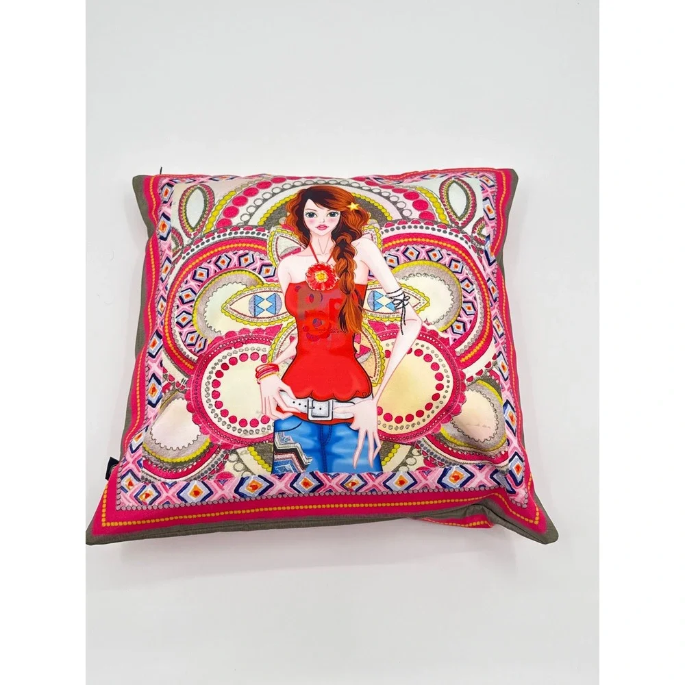 Nicole Lee Fashion Girl Mandala Graphic Throw Pillow Cover Pink Olive 17.5x17.5